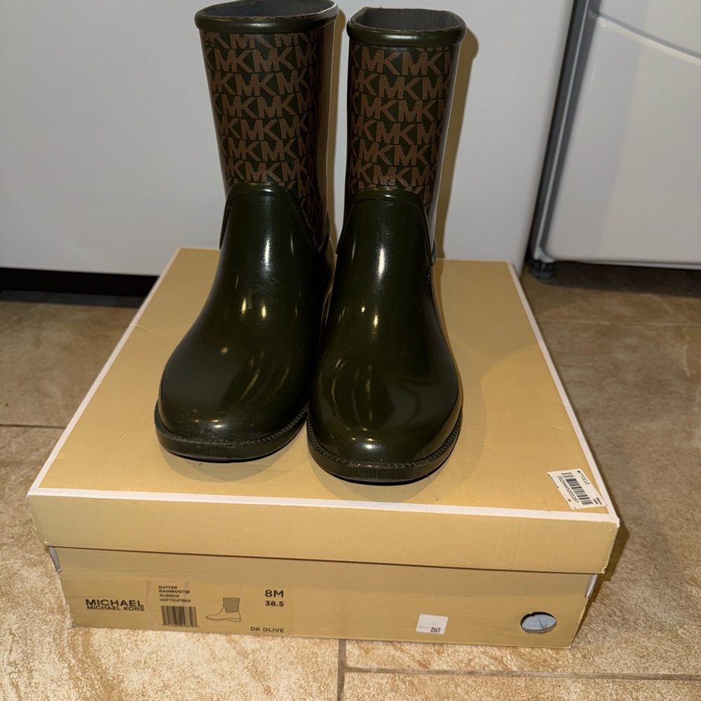 Michael Kors Olive and Tan Logo Rain Boots - Picture 2 of 2